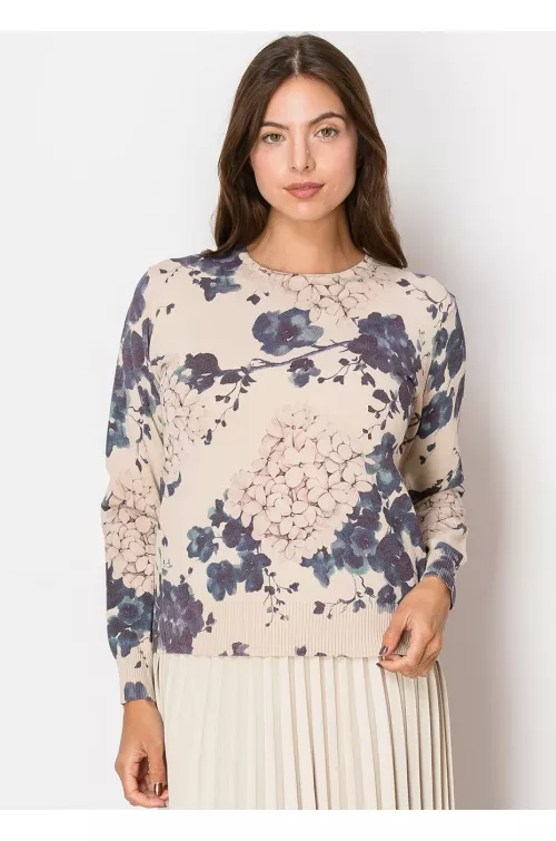 Floral Print Sweater in Beige and Purple