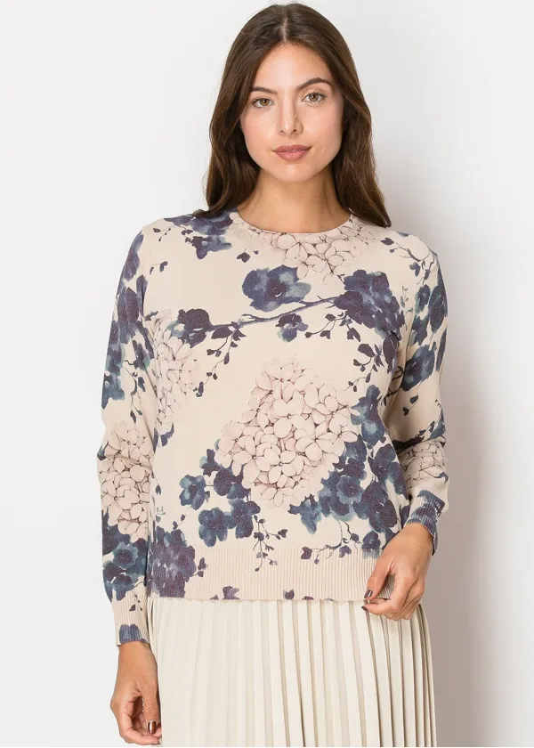 Floral Print Sweater in Beige and Purple
