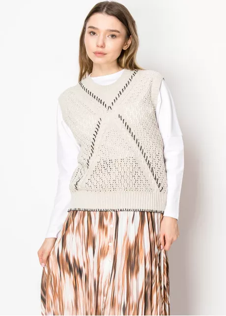 Open-Knit Beige Sweater Vest