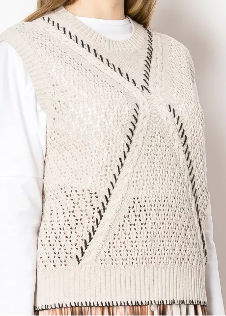 Open-Knit Beige Sweater Vest