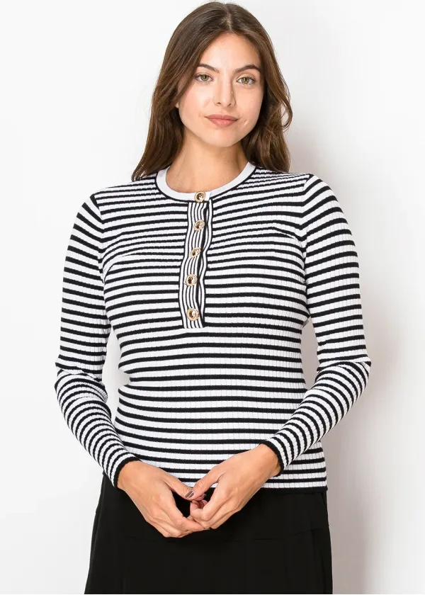 Black & White Striped Ribbed Knit Sweater
