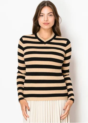 Camel & Black Striped Ribbed Sweater
