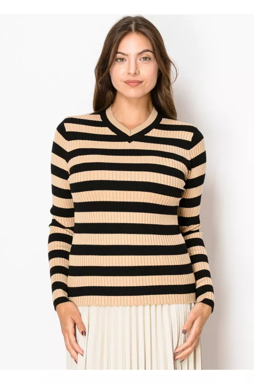 Camel & Black Striped Ribbed Sweater