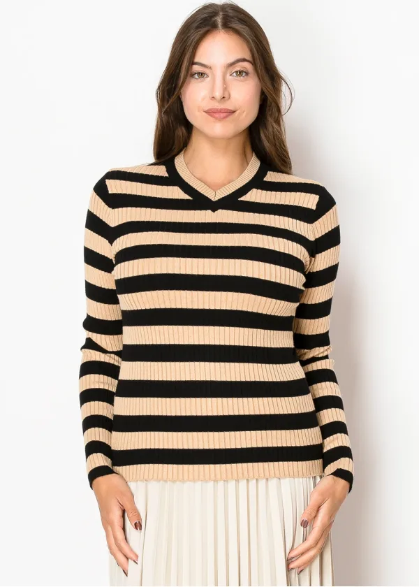 Camel & Black Striped Ribbed Sweater