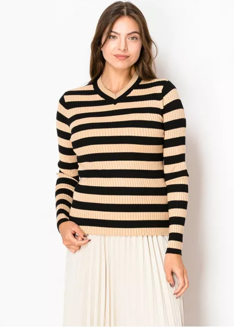 Camel & Black Striped Ribbed Sweater