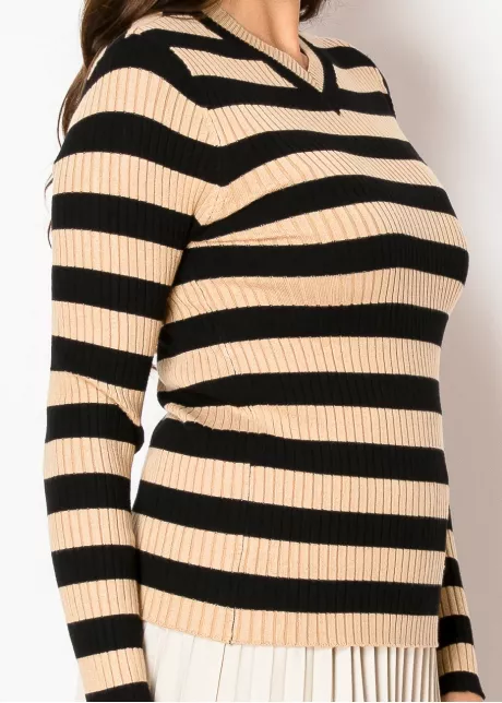 Camel & Black Striped Ribbed Sweater