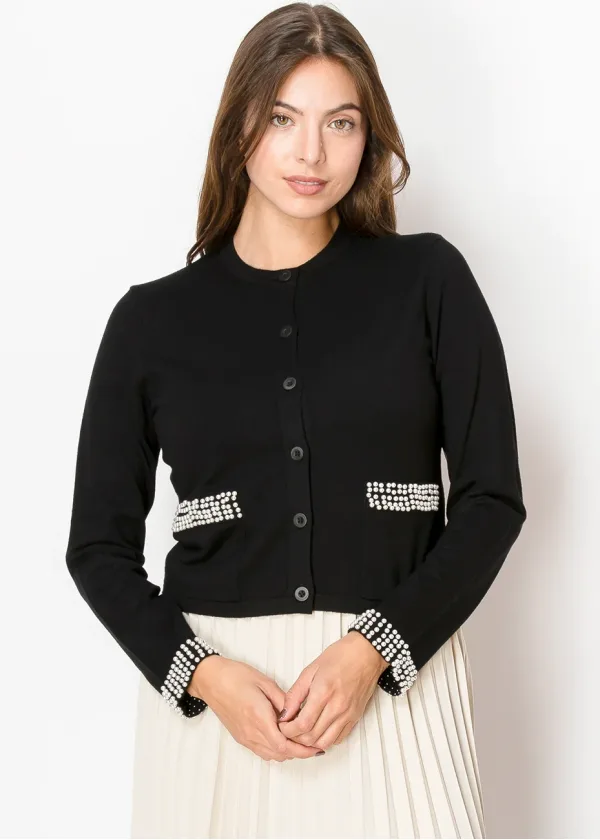 Black Pearl-Trimmed Cardigan