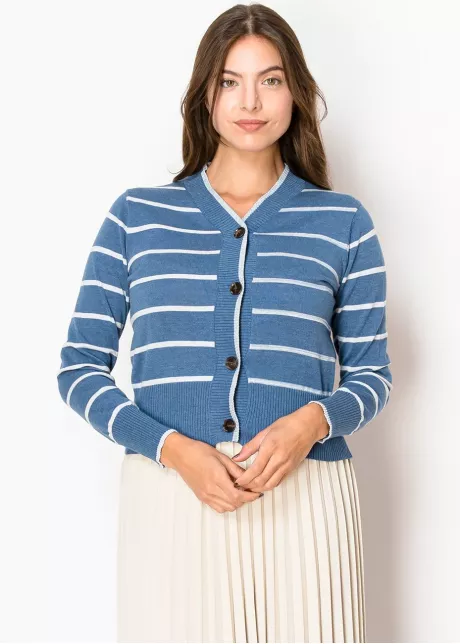 Blue & White Striped V-Neck Cardigan