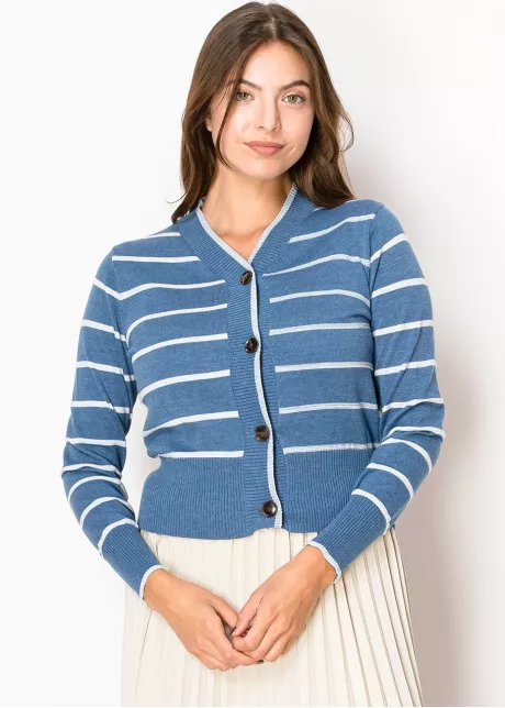 Blue & White Striped V-Neck Cardigan