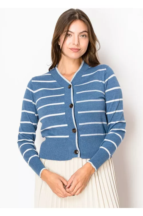 Blue & White Striped V-Neck Cardigan