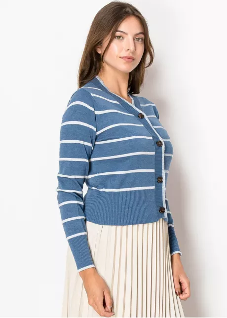 Blue & White Striped V-Neck Cardigan