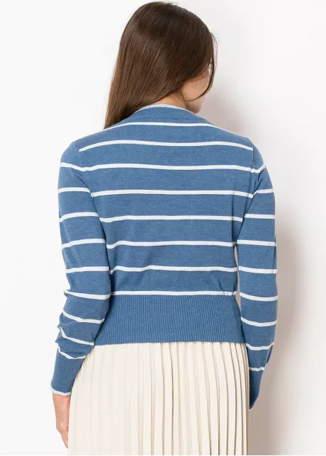 Blue & White Striped V-Neck Cardigan