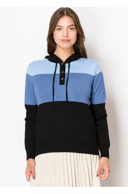 Blue and Black Colorblock Hoodie Sweater