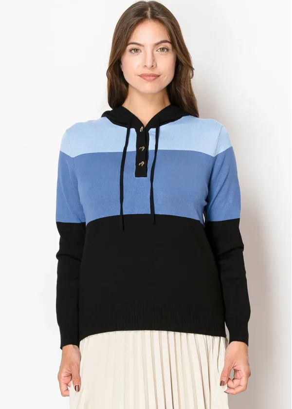 Blue and Black Colorblock Hoodie Sweater