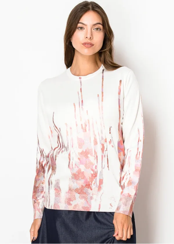 White & Blush Painted Effect Knit Sweater