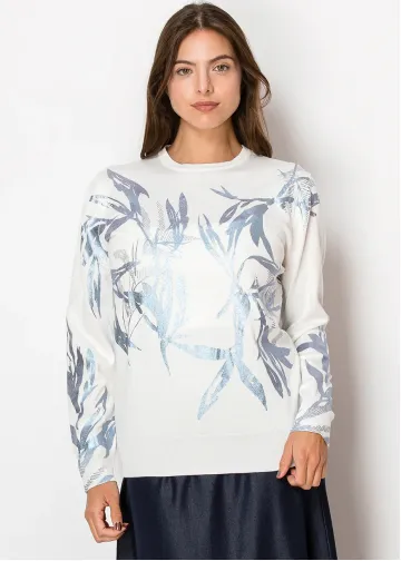Frosted Blue Leaves Lightweight Knit Pullover