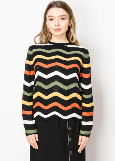 Textured Black Sweater with Colorful Zigzags