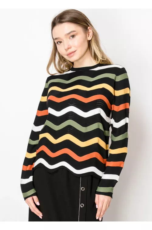 Textured Black Sweater with Colorful Zigzags