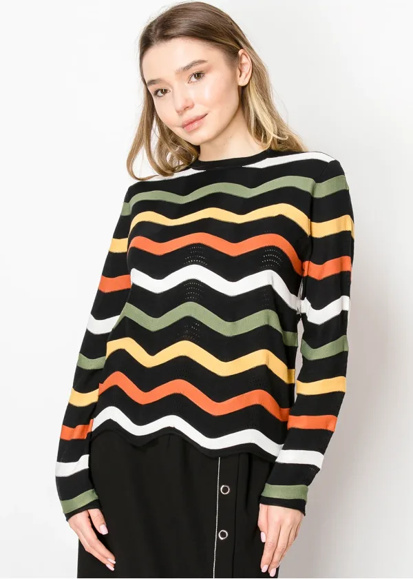 Textured Black Sweater with Colorful Zigzags