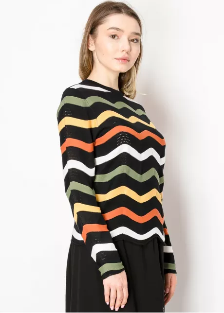 Textured Black Sweater with Colorful Zigzags