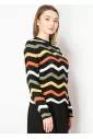 Textured Black Sweater with Colorful Zigzags