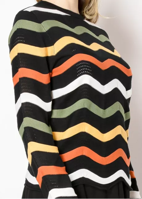 Textured Black Sweater with Colorful Zigzags