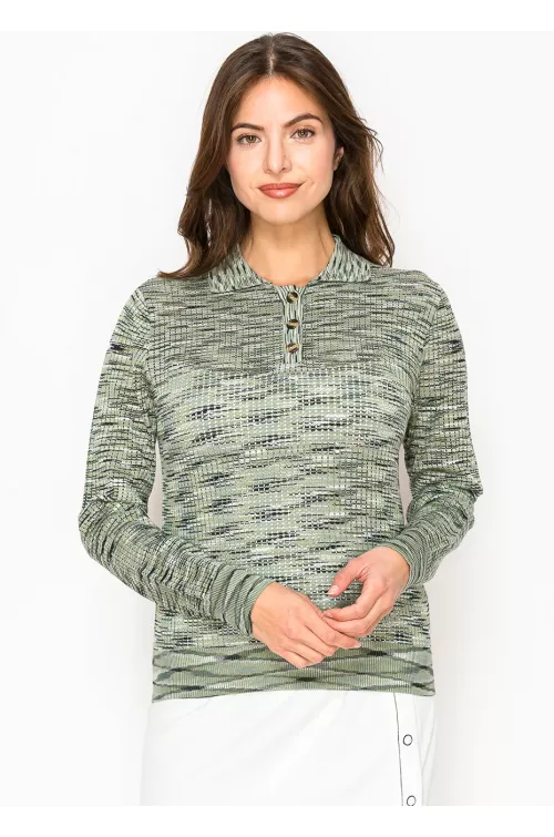 Olive Grid Knit Polo Sweater