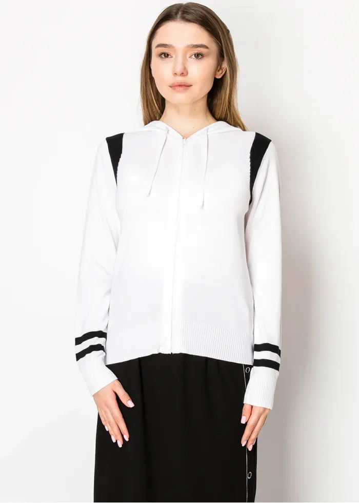 Classic White Zip Hoodie with Stripes