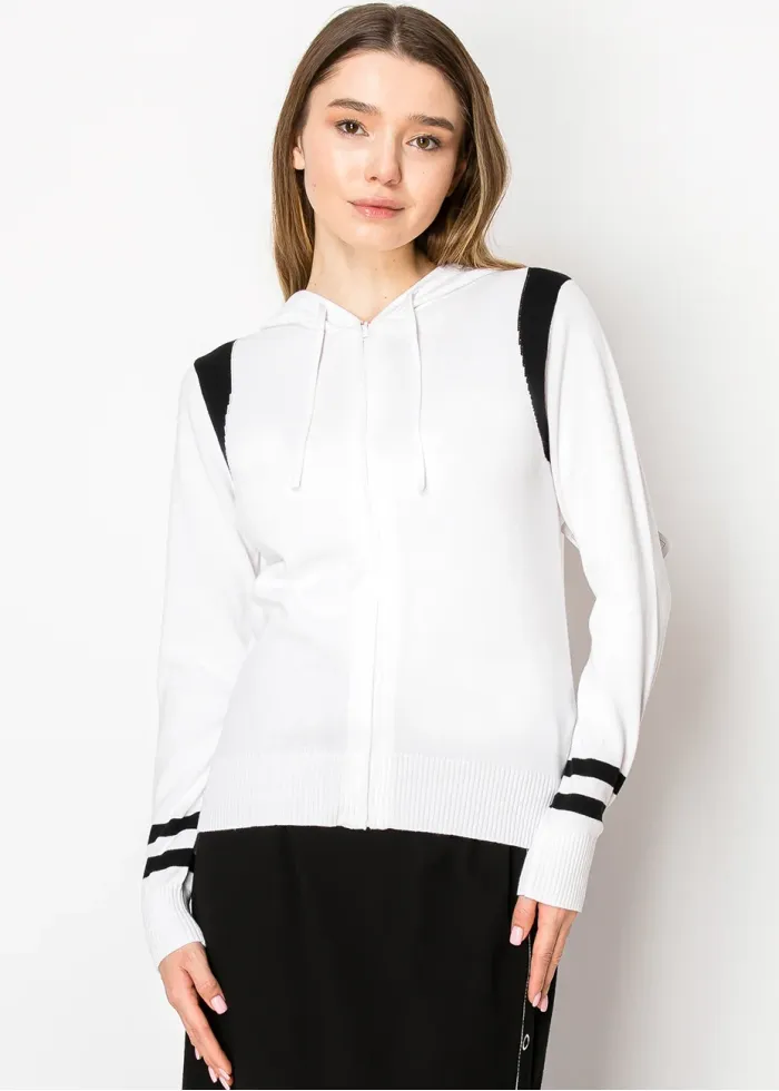Classic White Zip Hoodie with Stripes