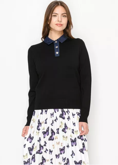 Black Polo Sweater with Denim Detail