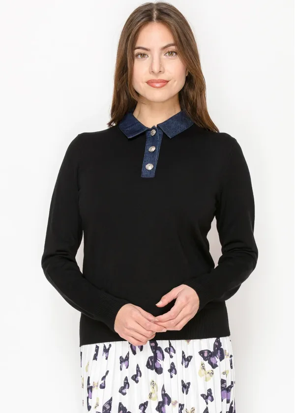Black Polo Sweater with Denim Detail