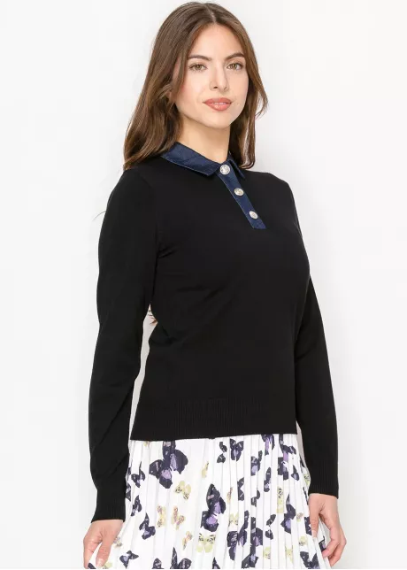 Black Polo Sweater with Denim Detail