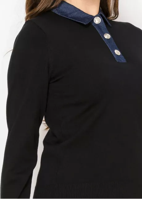 Black Polo Sweater with Denim Detail