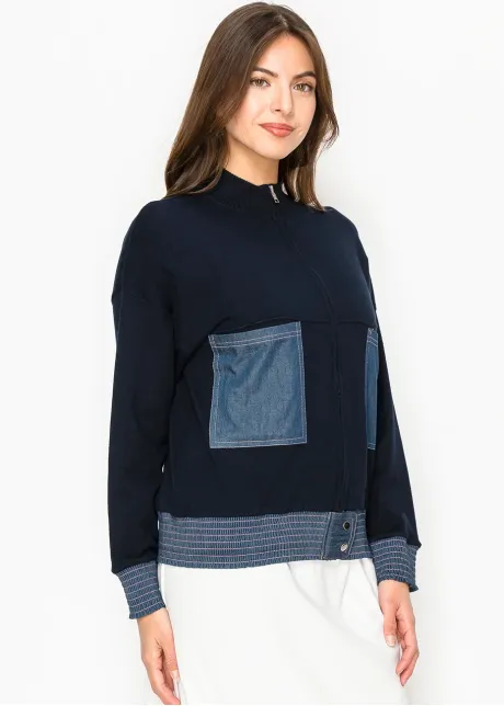 Navy Zip Cardigan with Denim Accents