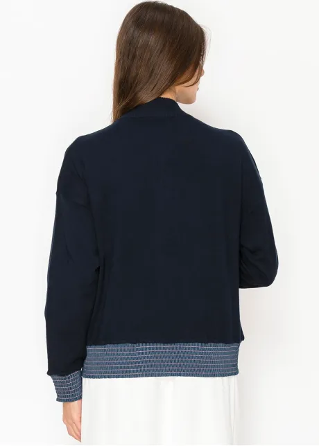 Navy Zip Cardigan with Denim Accents