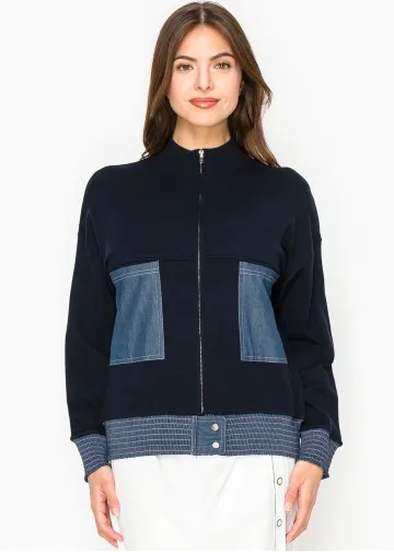 Navy Zip Cardigan with Denim Accents