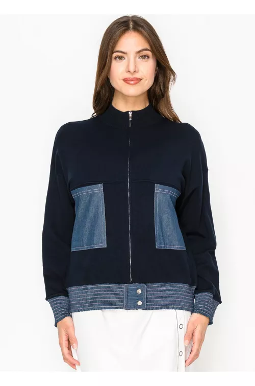 Navy Zip Cardigan with Denim Accents