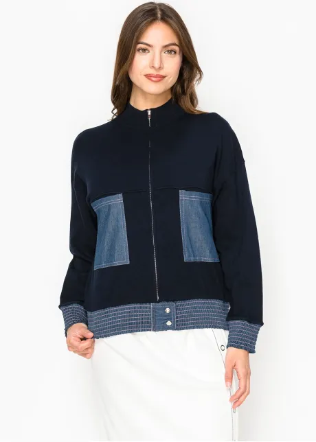Navy Zip Cardigan with Denim Accents