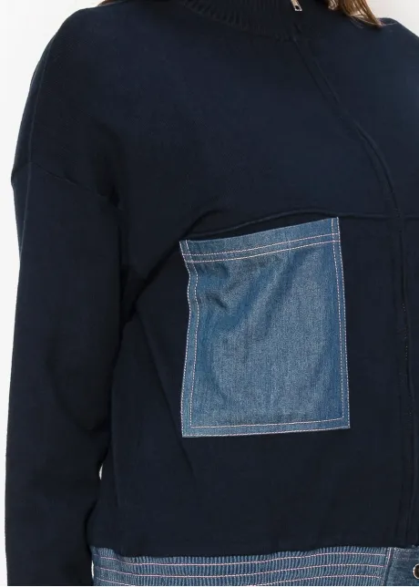 Navy Zip Cardigan with Denim Accents