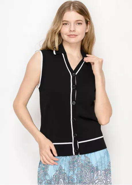 Black Button-Up Vest with White Trim
