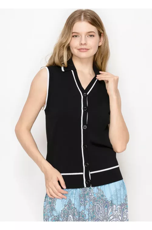 Black Button-Up Vest with White Trim