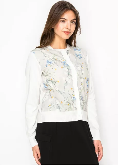 White Cardigan with Floral Print Front