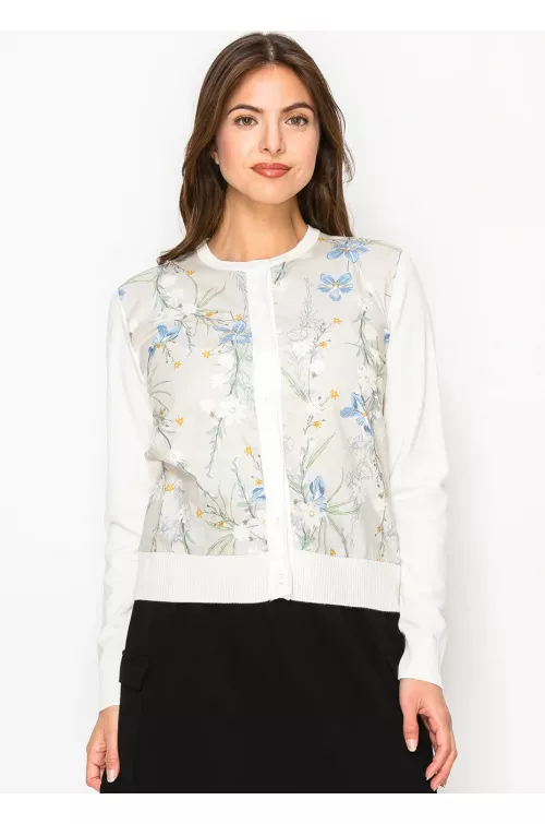 White Cardigan with Floral Print Front