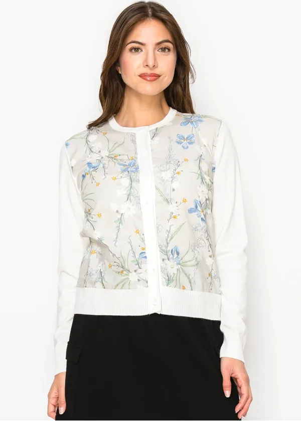 White Cardigan with Floral Print Front