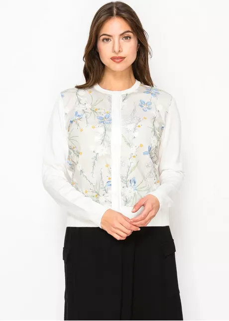 White Cardigan with Floral Print Front