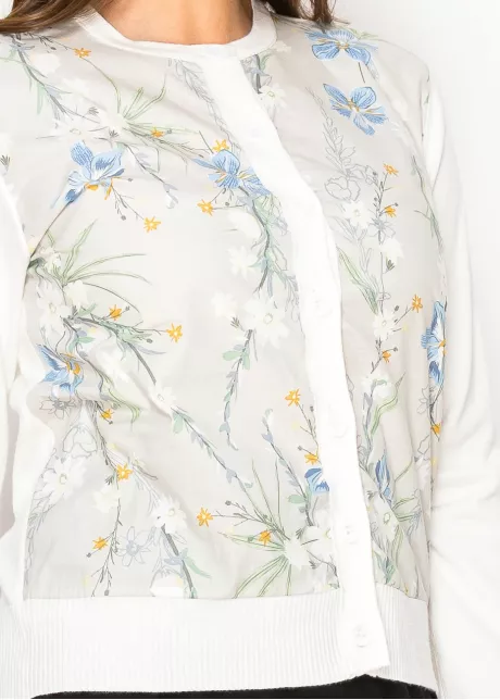 White Cardigan with Floral Print Front