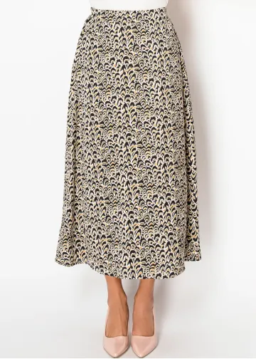 Golden Feather Print Midi Skirt