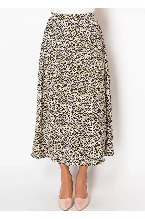 Golden Feather Print Midi Skirt