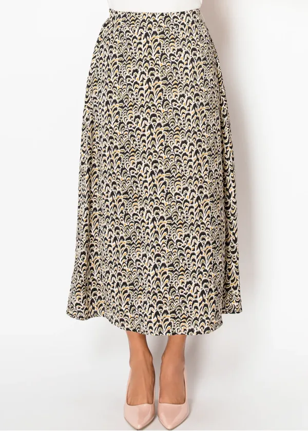 Golden Feather Print Midi Skirt