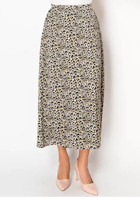 Golden Feather Print Midi Skirt